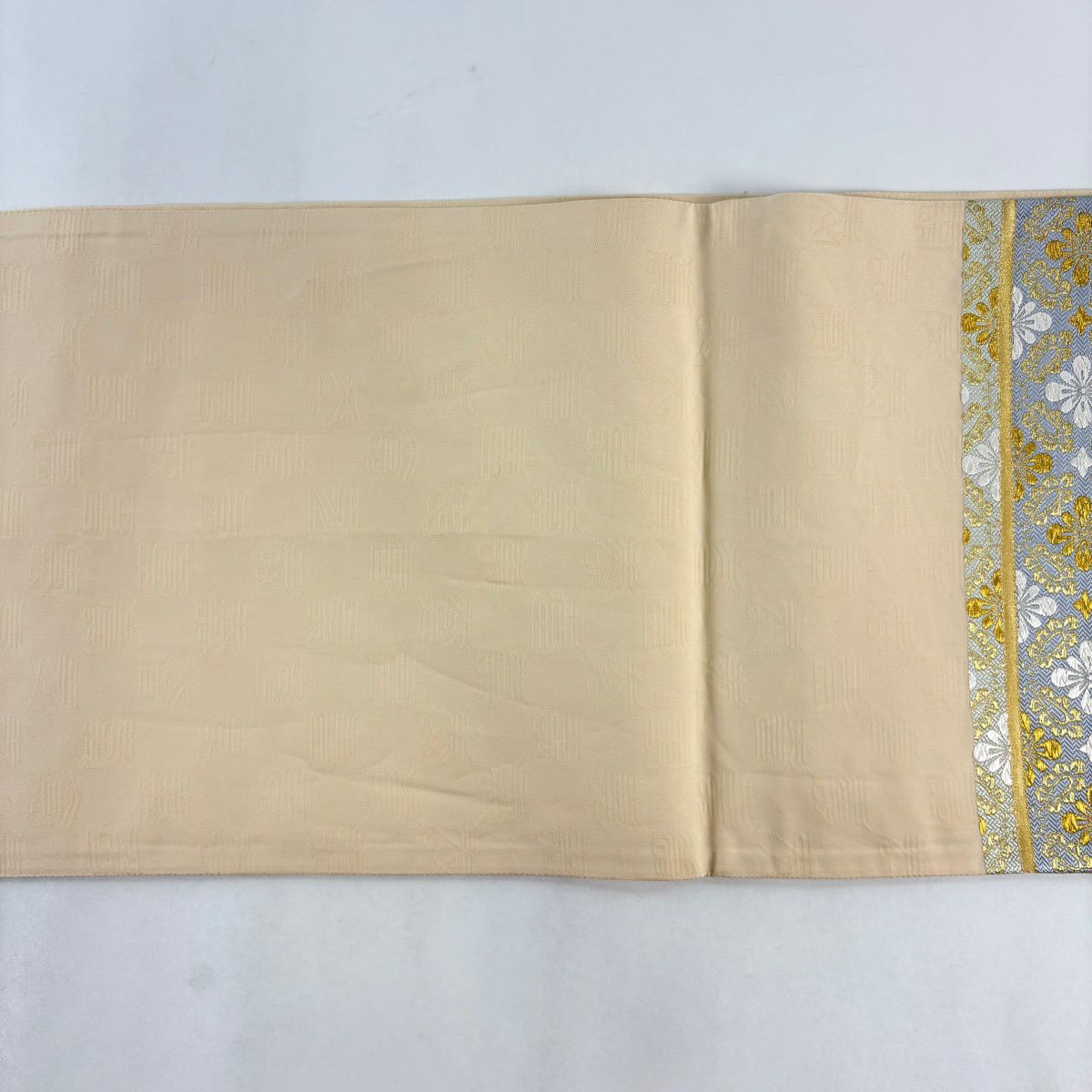 【美品】 袋帶 名品級 橫段 花 金金箔 金絲 米色 六通 純蠶絲