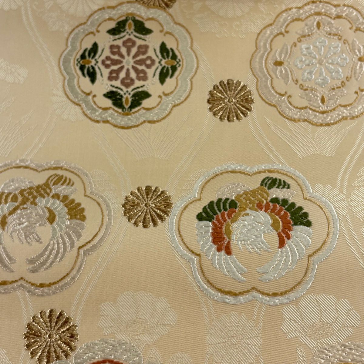 【美品】 袋帶 名品級 宮廷有職紋樣 花 鳥 唐織 金絲 淺茶 六通 純蠶絲