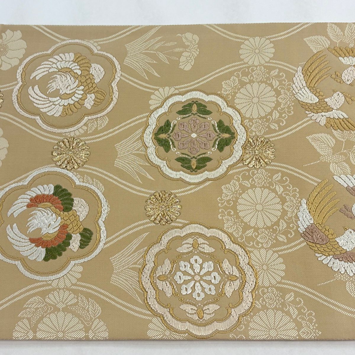 【美品】 袋帶 名品級 宮廷有職紋樣 花 鳥 唐織 金絲 淺茶 六通 純蠶絲