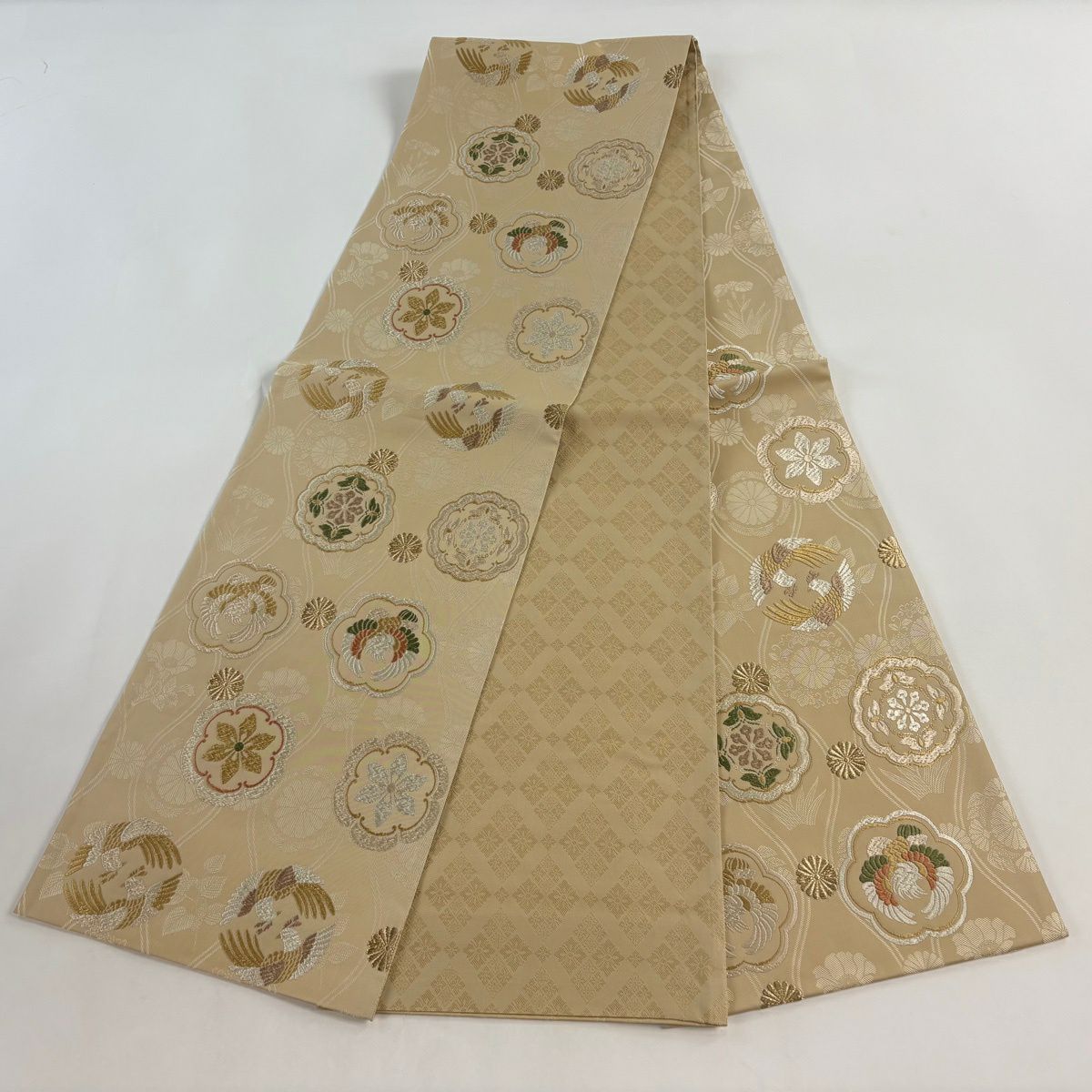 【美品】 袋帶 名品級 宮廷有職紋樣 花 鳥 唐織 金絲 淺茶 六通 純蠶絲