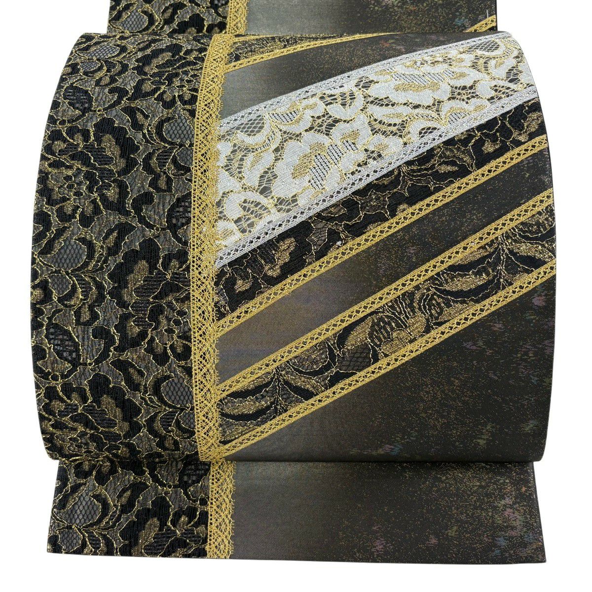 【美品】 袋帶 名品級 草花紋紋 斜紋 金銀絲 蕾絲 黑灰色 大鼓圖案 純蠶絲