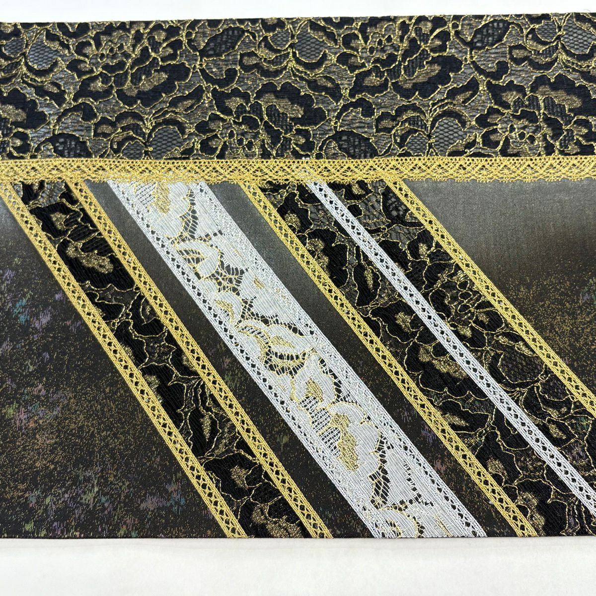 【美品】 袋帶 名品級 草花紋紋 斜紋 金銀絲 蕾絲 黑灰色 大鼓圖案 純蠶絲