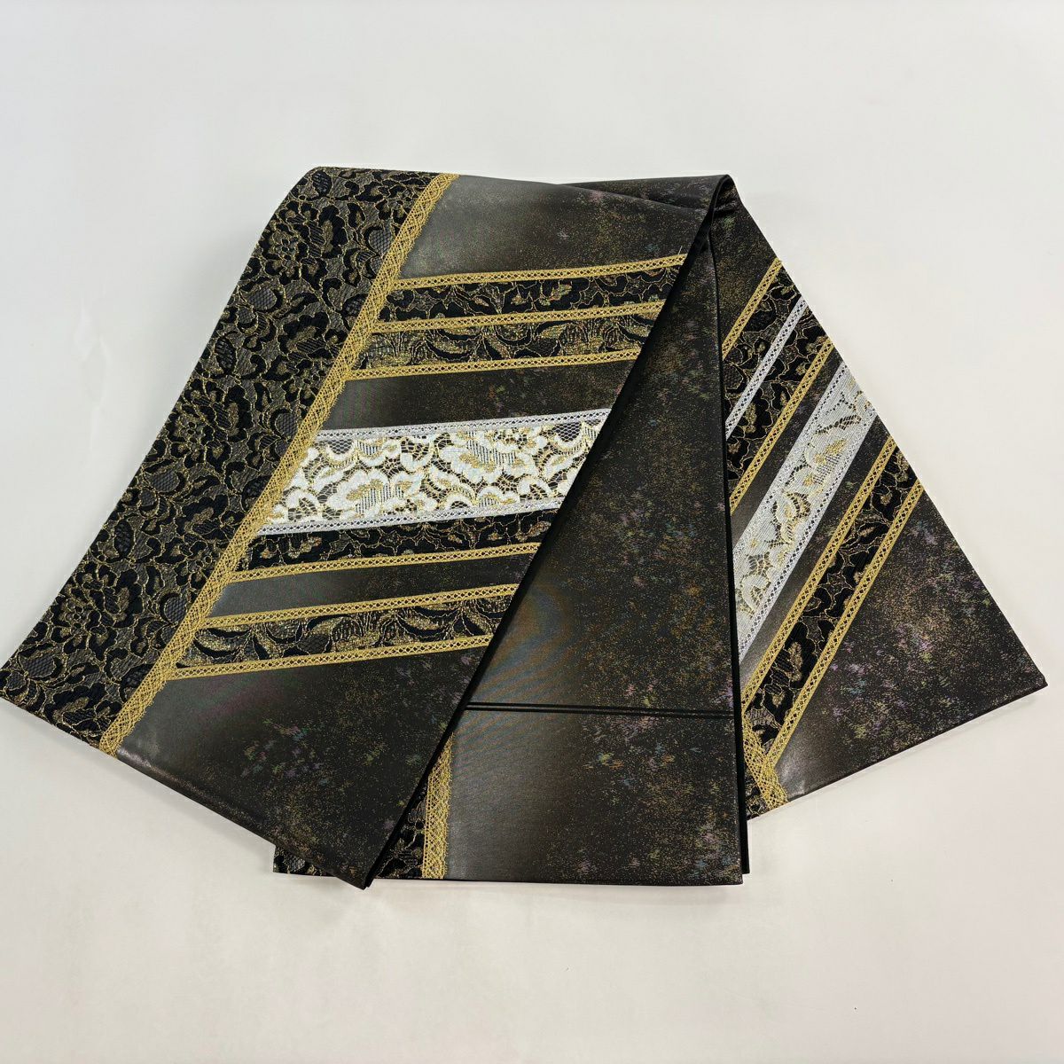 【美品】 袋帶 名品級 草花紋紋 斜紋 金銀絲 蕾絲 黑灰色 大鼓圖案 純蠶絲