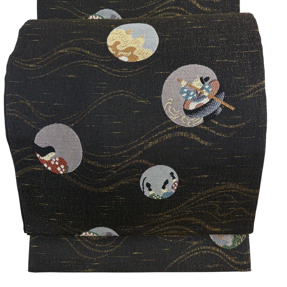 【美品】 袋帶 名品級 一寸法師 小槌 金金箔 黑 六通 純蠶絲