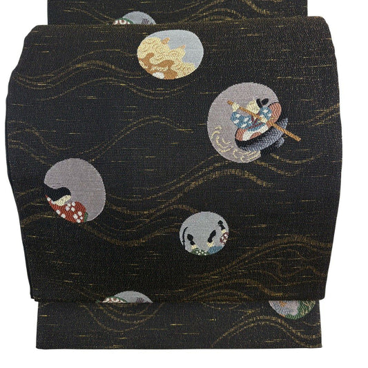 【美品】 袋帶 名品級 一寸法師 小槌 金金箔 黑 六通 純蠶絲