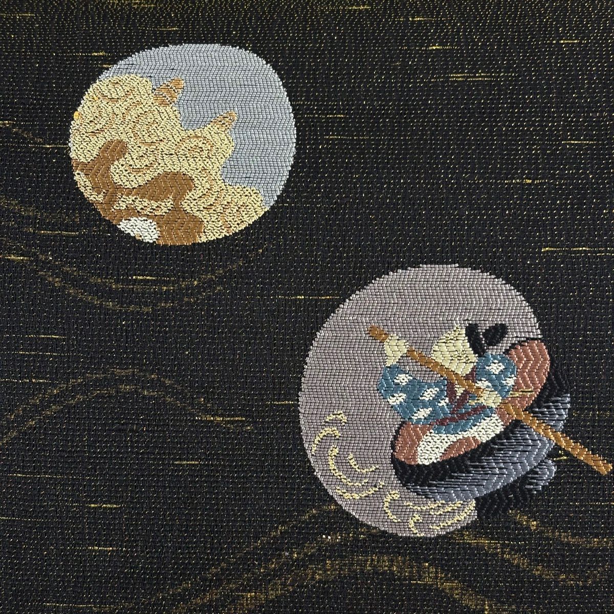 【美品】 袋帶 名品級 一寸法師 小槌 金金箔 黑 六通 純蠶絲