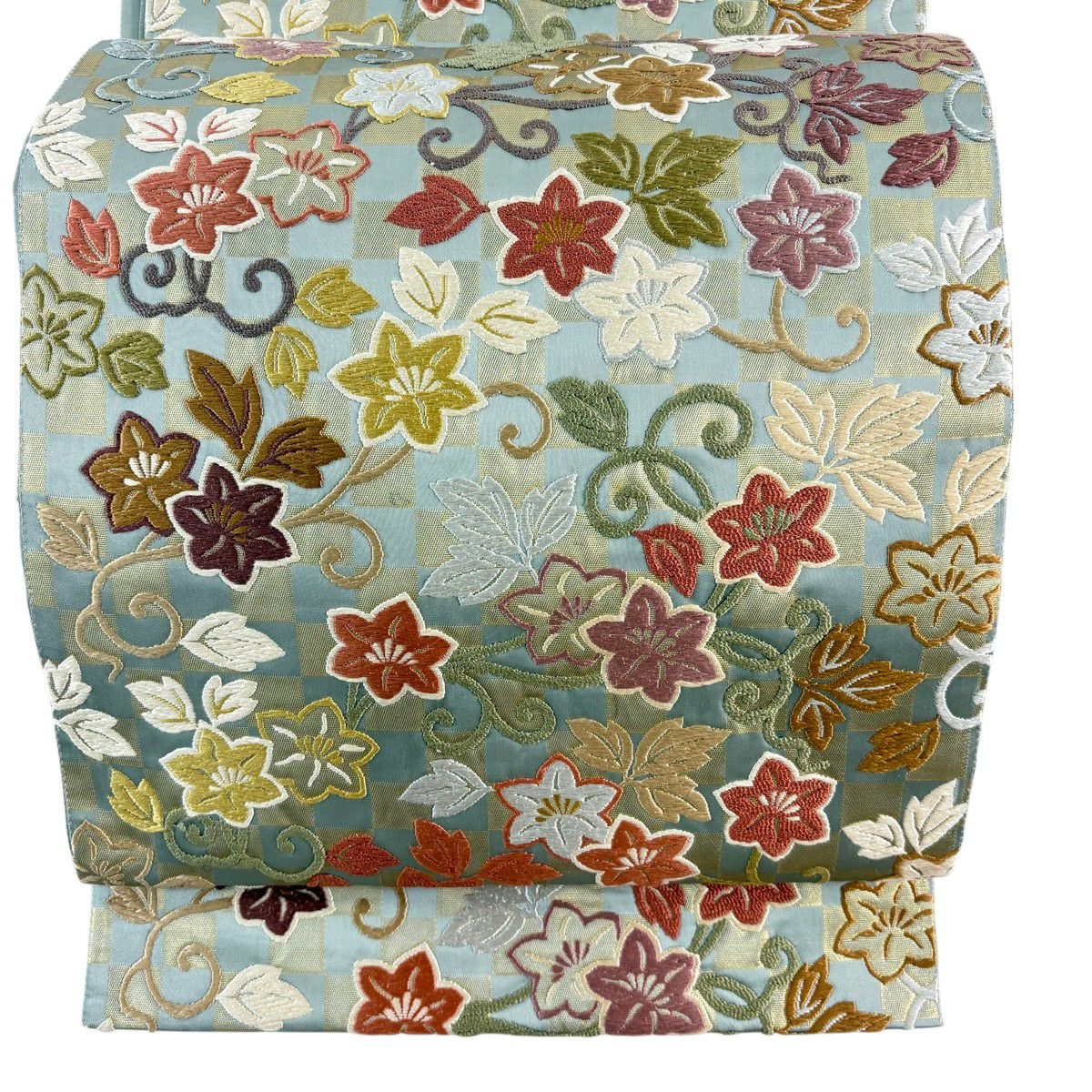 【美品】 袋帶 名品級 石畳鐵線唐草紋 草花紋 金金箔 灰綠 六通 純蠶絲