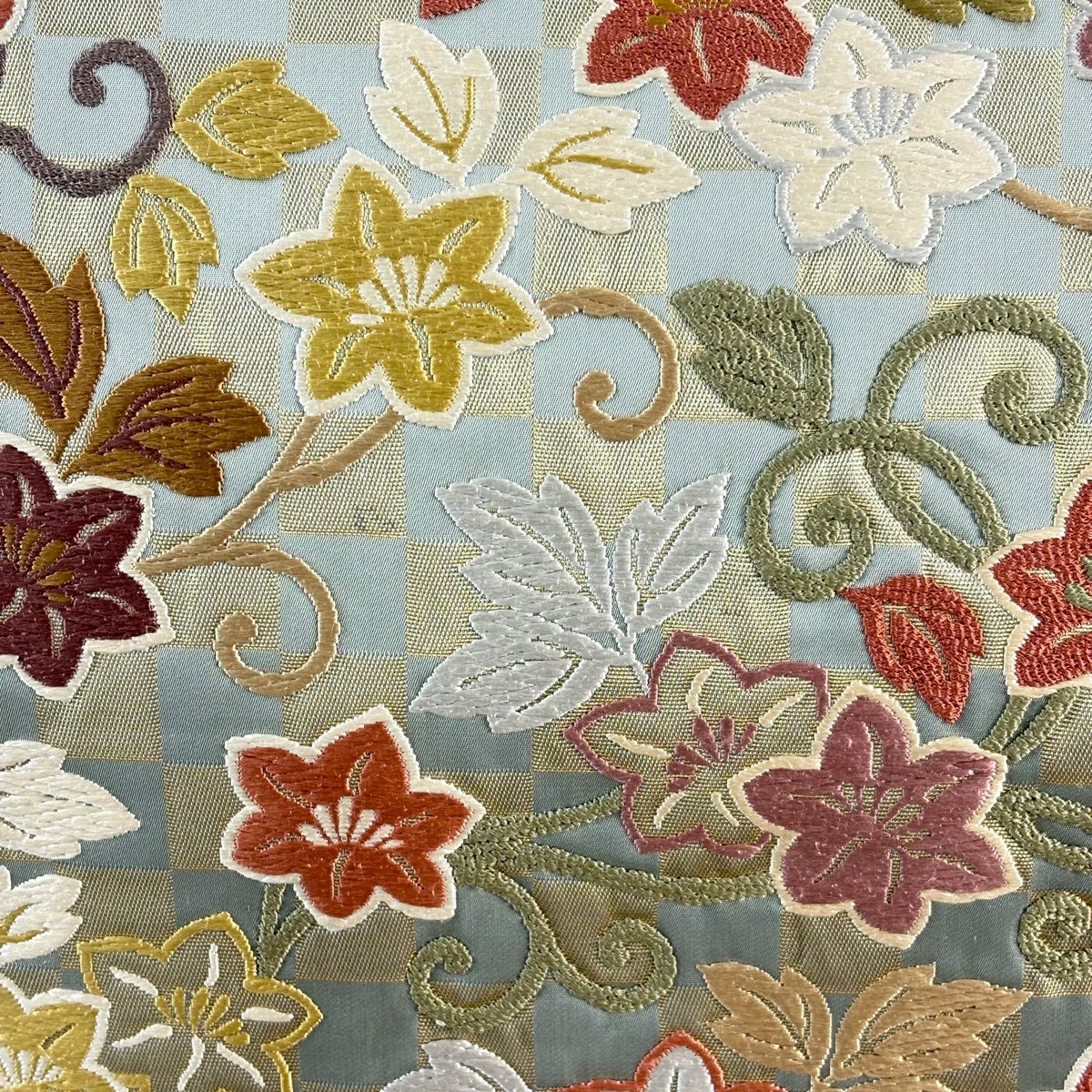 【美品】 袋帶 名品級 石畳鐵線唐草紋 草花紋 金金箔 灰綠 六通 純蠶絲