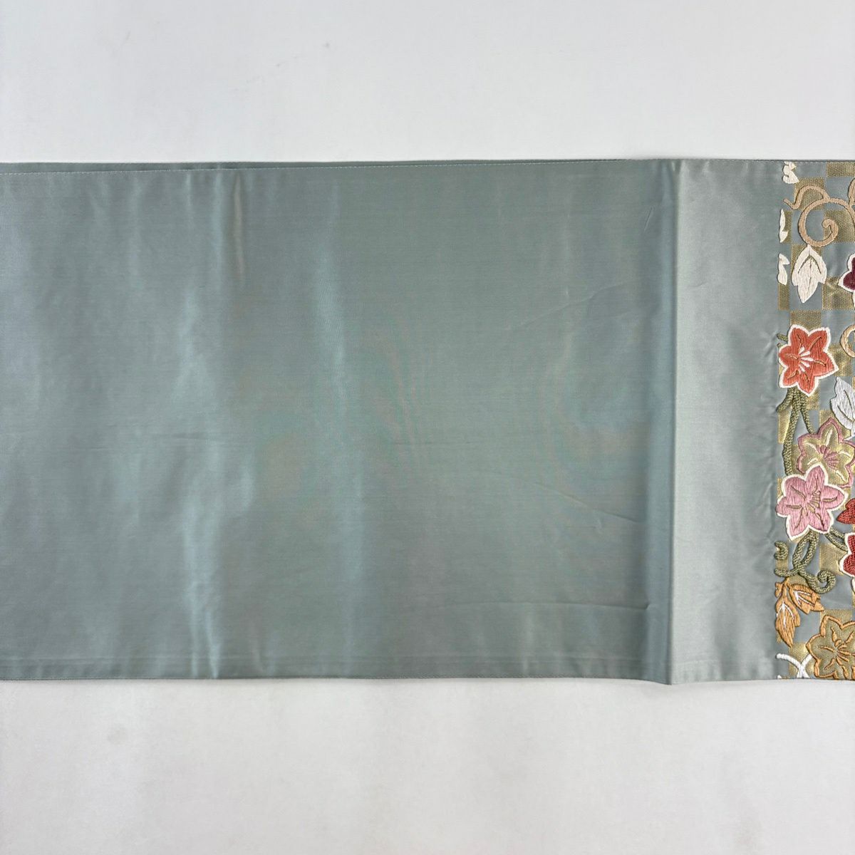 【美品】 袋帶 名品級 石畳鐵線唐草紋 草花紋 金金箔 灰綠 六通 純蠶絲