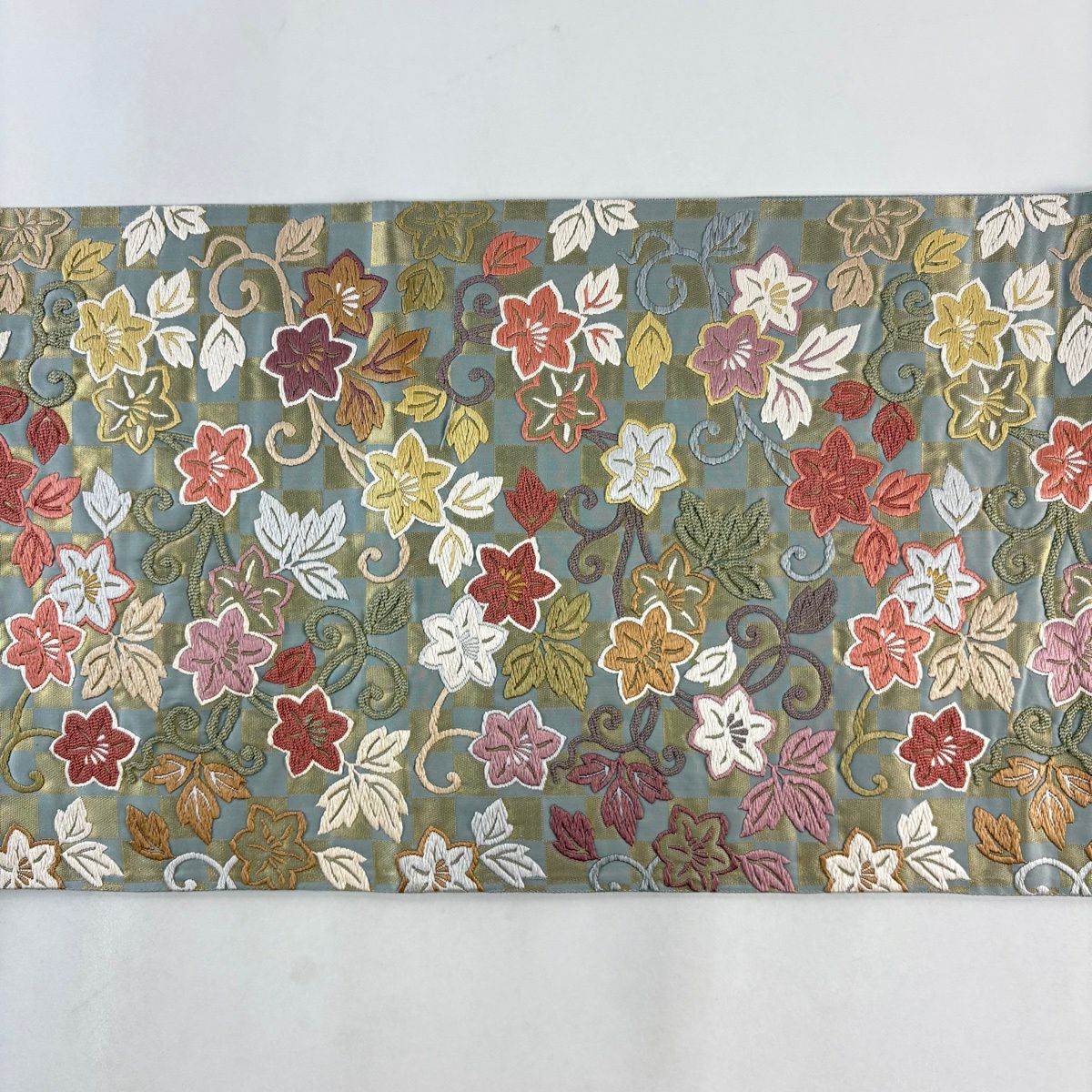 【美品】 袋帶 名品級 石畳鐵線唐草紋 草花紋 金金箔 灰綠 六通 純蠶絲