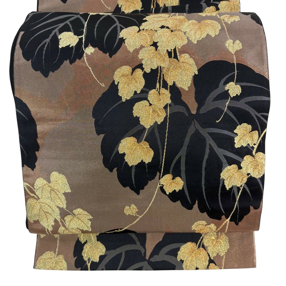 【美品】 袋帶 名品級 蔦 輪廓 金絲 金金箔 灰茶 六通 純蠶絲