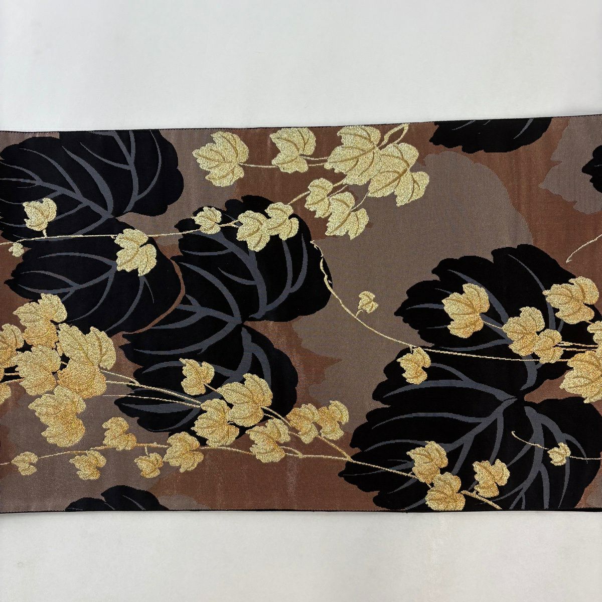 【美品】 袋帶 名品級 蔦 輪廓 金絲 金金箔 灰茶 六通 純蠶絲