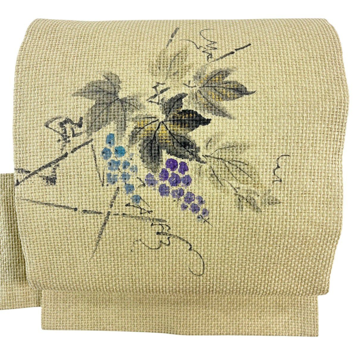 【美品】名古屋帶 名品級 落款 葡萄 金彩裝飾 薄綠 純蠶絲