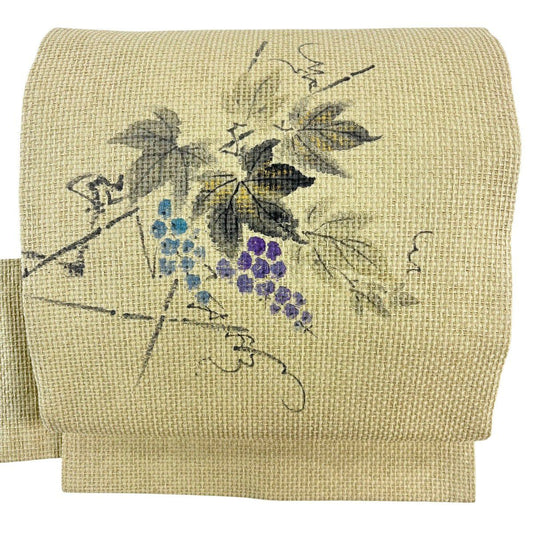 【美品】名古屋帶 名品級 落款 葡萄 金彩裝飾 薄綠 純蠶絲