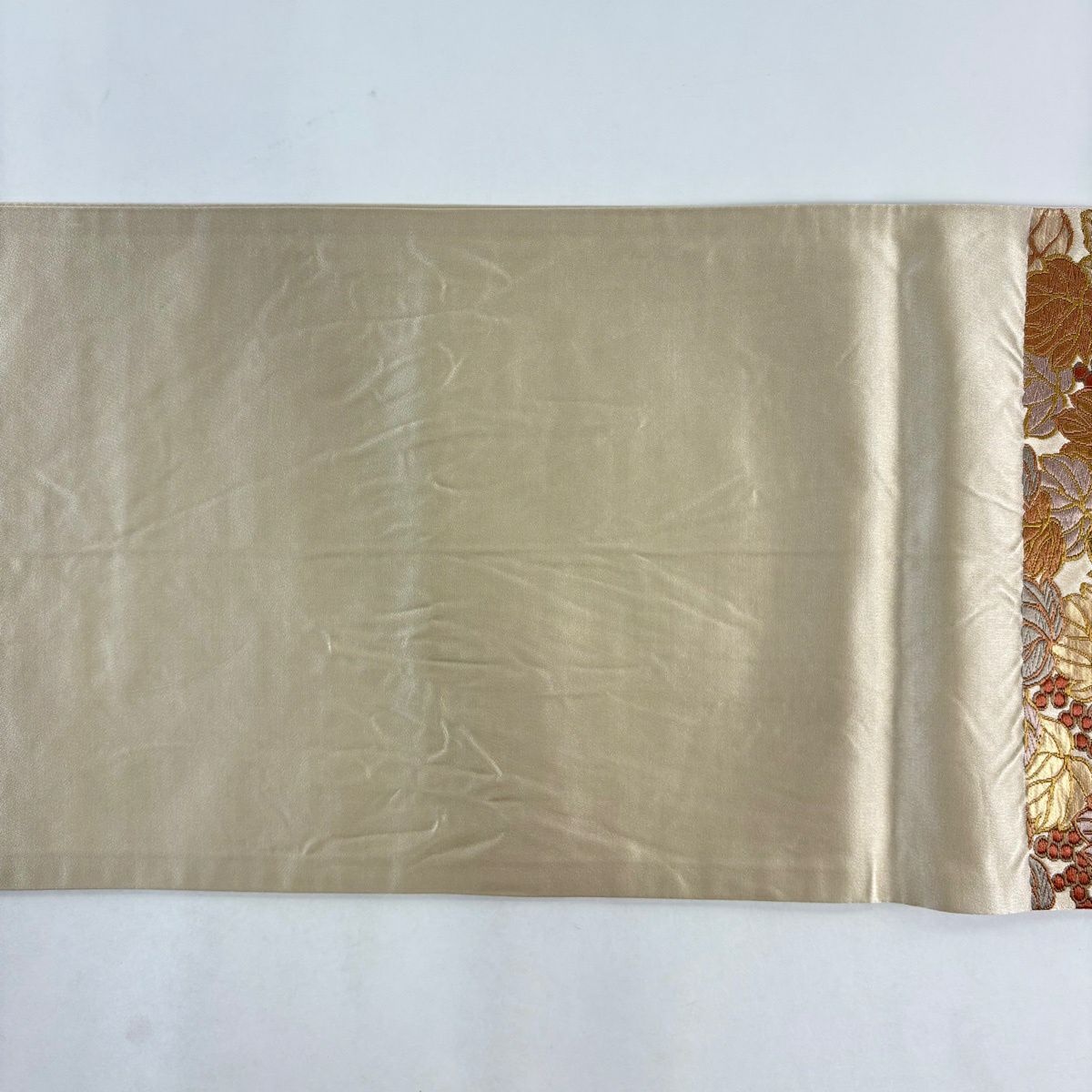 【美品】 袋帶 名品級 落款あり 青々庵 葉 実 金金箔 淺茶 六通 純蠶絲