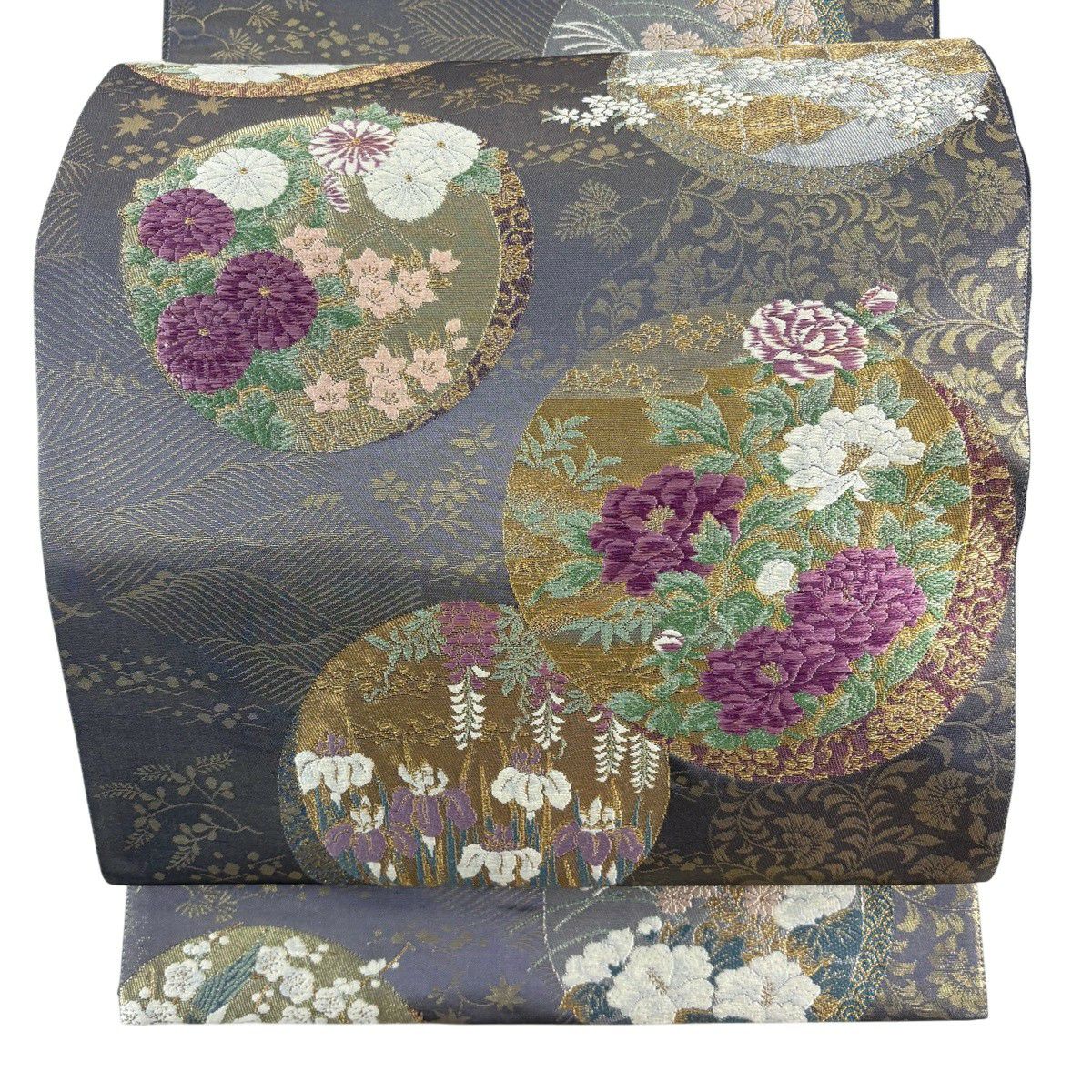 袋帶 名品級 じゅらく 落款あり 証紙あり 圓文 草花紋 金銀線 金金箔 灰紫 六通 純蠶絲