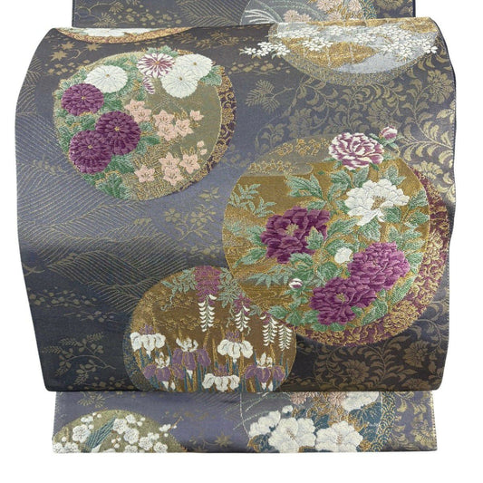 袋帶 名品級 じゅらく 落款あり 証紙あり 圓文 草花紋 金銀線 金金箔 灰紫 六通 純蠶絲