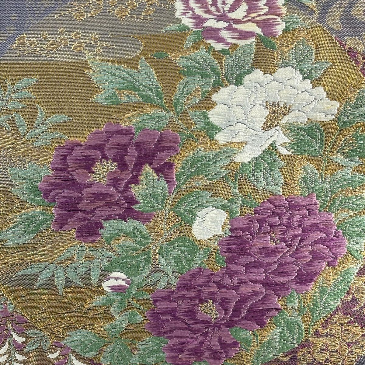 袋帶 名品級 じゅらく 落款あり 証紙あり 圓文 草花紋 金銀線 金金箔 灰紫 六通 純蠶絲