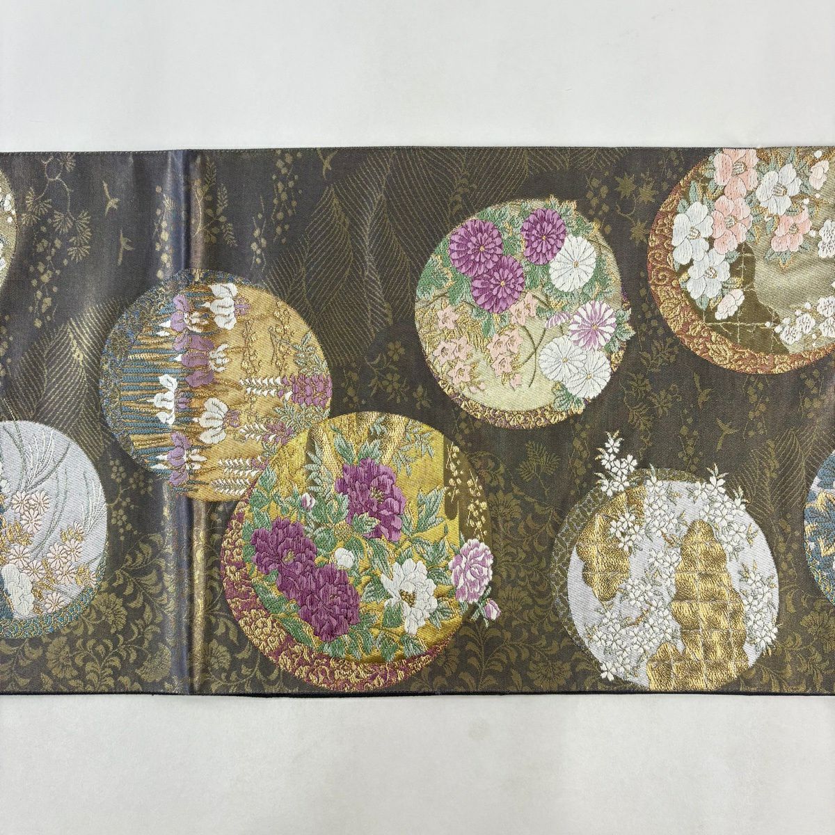 袋帶 名品級 じゅらく 落款あり 証紙あり 圓文 草花紋 金銀線 金金箔 灰紫 六通 純蠶絲