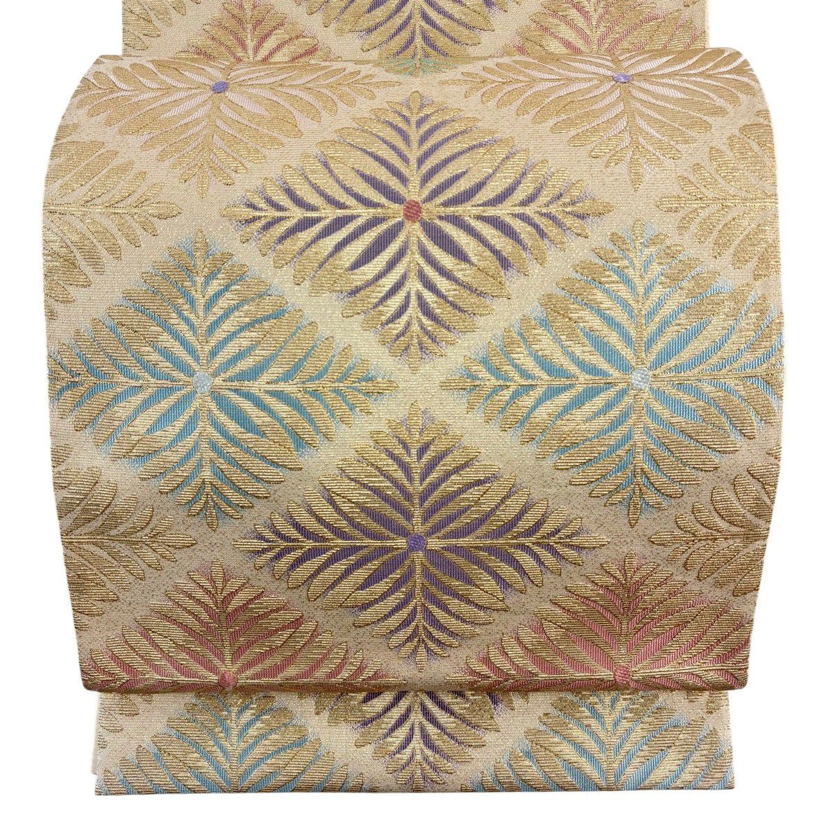 【美品】 袋帶 名品級 菱形 草花紋紋 金金箔 米色 全通 純蠶絲