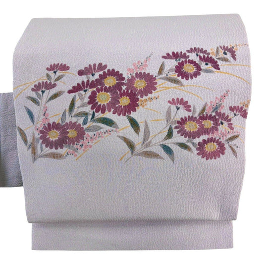 【美品】名古屋帶 名品級 草花紋 金彩裝飾 淺紫 純蠶絲