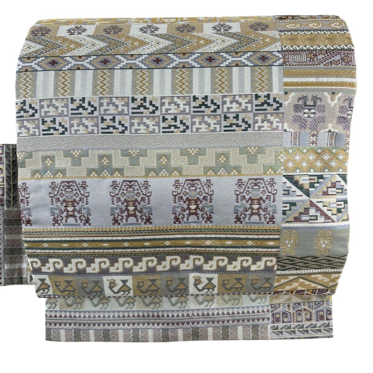 【美品】 名古屋帶 名品級 幾何學 鳥 金糸 金金箔 淺綠 純蠶絲