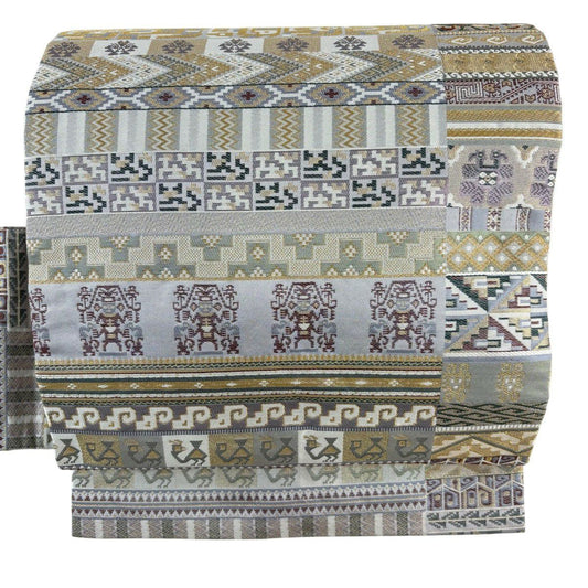 【美品】 名古屋帶 名品級 幾何學 鳥 金糸 金金箔 淺綠 純蠶絲