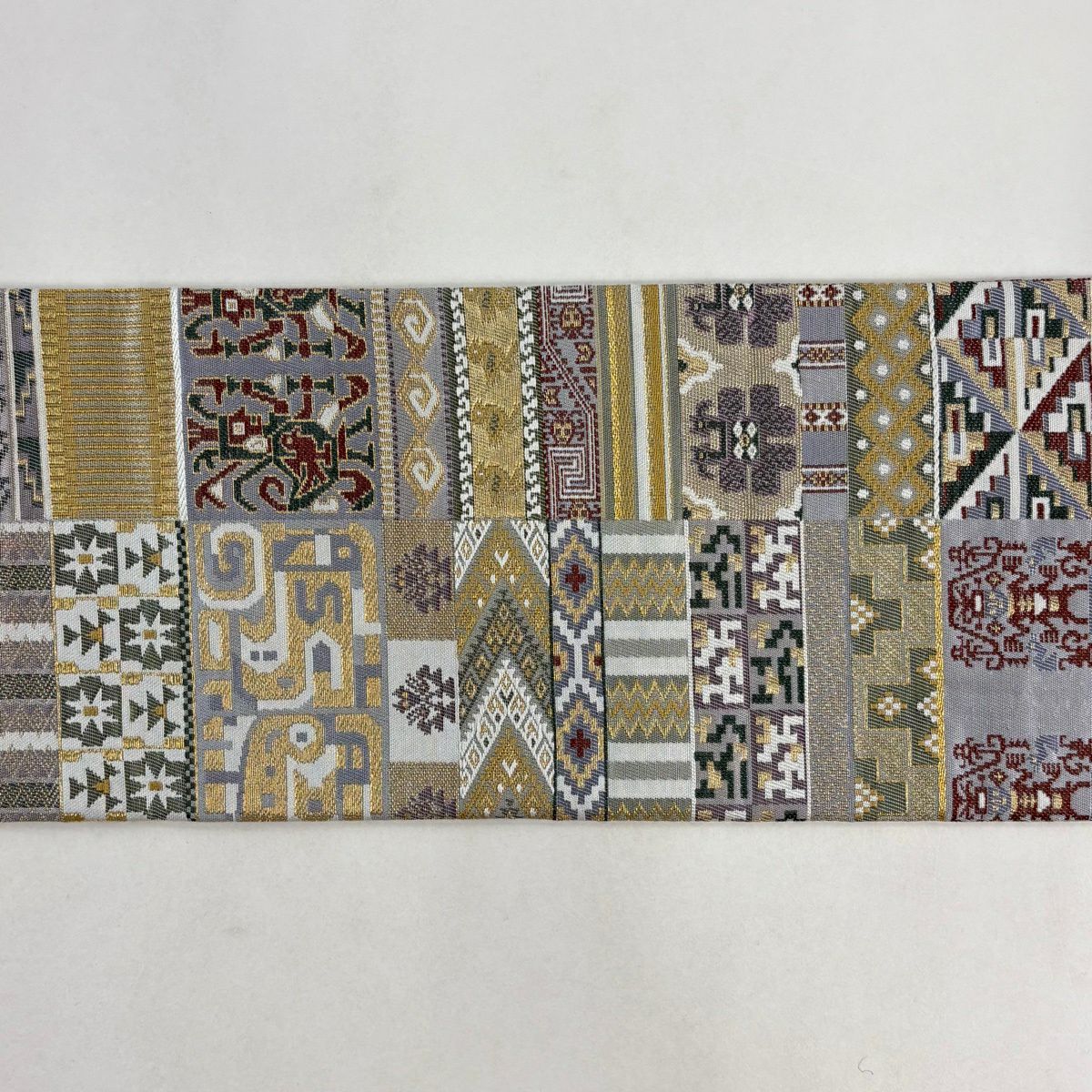 【美品】 名古屋帶 名品級 幾何學 鳥 金糸 金金箔 淺綠 純蠶絲