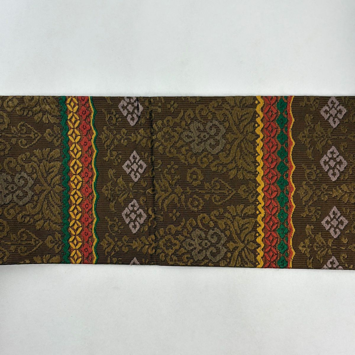 【美品】 名古屋帶 名品級 落款 花菱 七寶 茶 純蠶絲