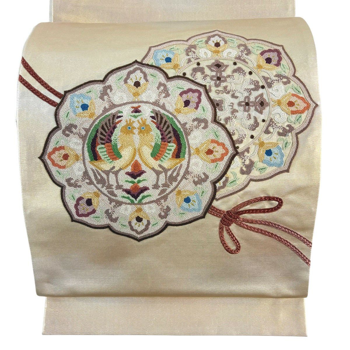 【美品】 袋帶 名品級 鏡裏文 向鳥 相良刺繡 金金箔 金色 大鼓圖案 純蠶絲