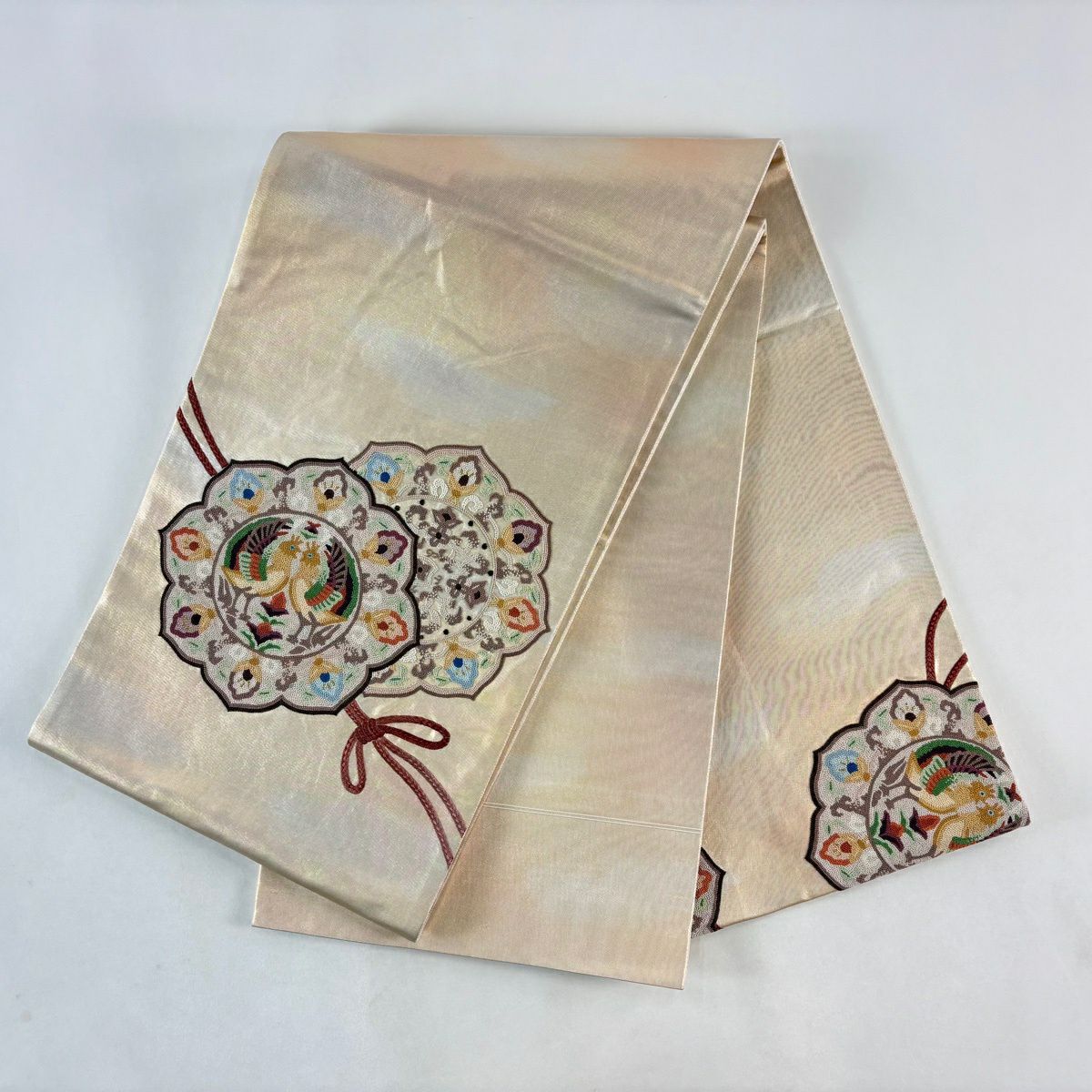 【美品】 袋帶 名品級 鏡裏文 向鳥 相良刺繡 金金箔 金色 大鼓圖案 純蠶絲