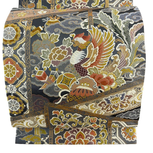 【美品】 袋帶 名品級 富屋織物 落款あり 重文的世界 中尊寺金色堂內具 鳳凰 草花紋唐織 金金箔 墨 六通 純蠶絲