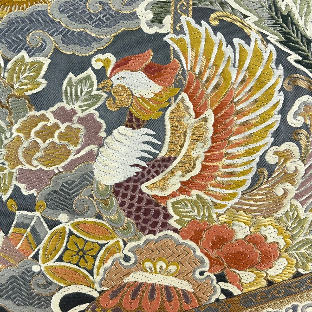 【美品】 袋帶 名品級 富屋織物 落款あり 重文的世界 中尊寺金色堂內具 鳳凰 草花紋唐織 金金箔 墨 六通 純蠶絲