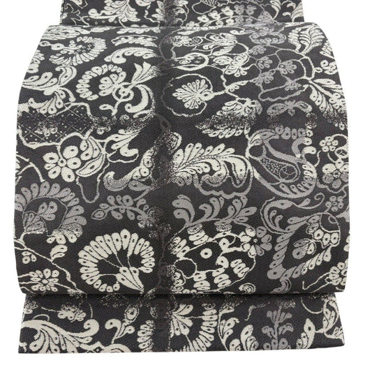 袋帶 名品級 斉藤三才 落款 花唐草紋 幾何學 茶紫 六通 純蠶絲