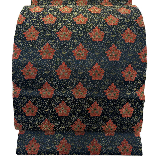 【美品】 開口名古屋帶 名品級 龍村美術織物 比翼仕立 雜花 花唐草紋 金絲 黑 純蠶絲