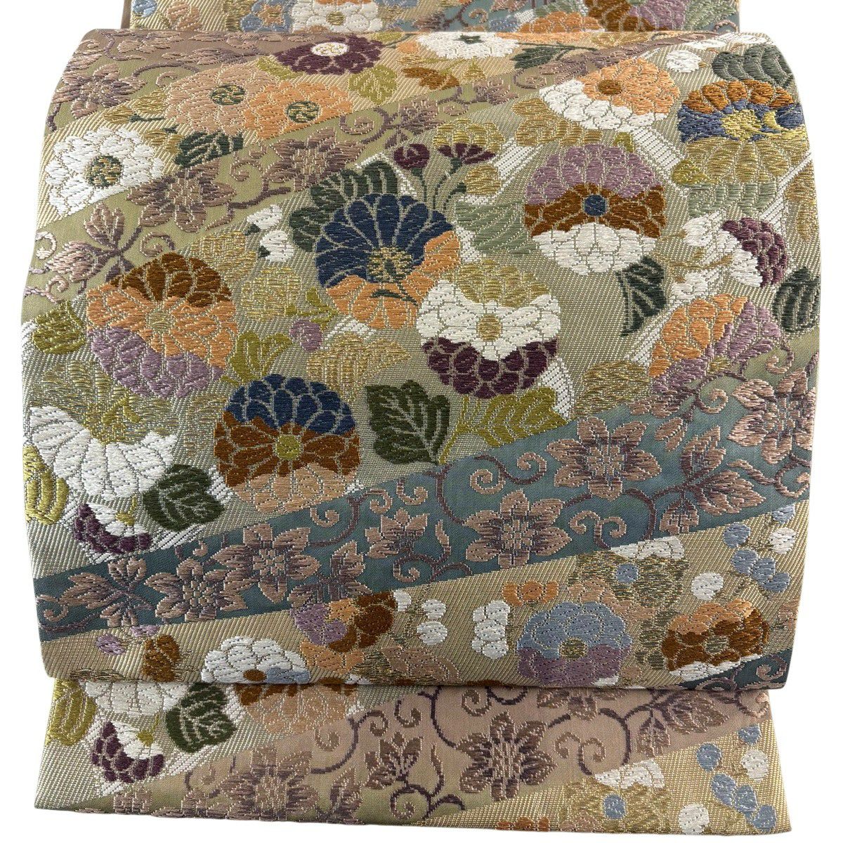 【美品】 袋帶 名品級 證書齊全 菊花花唐草紋 金絲 唐織 灰綠 六通 純蠶絲