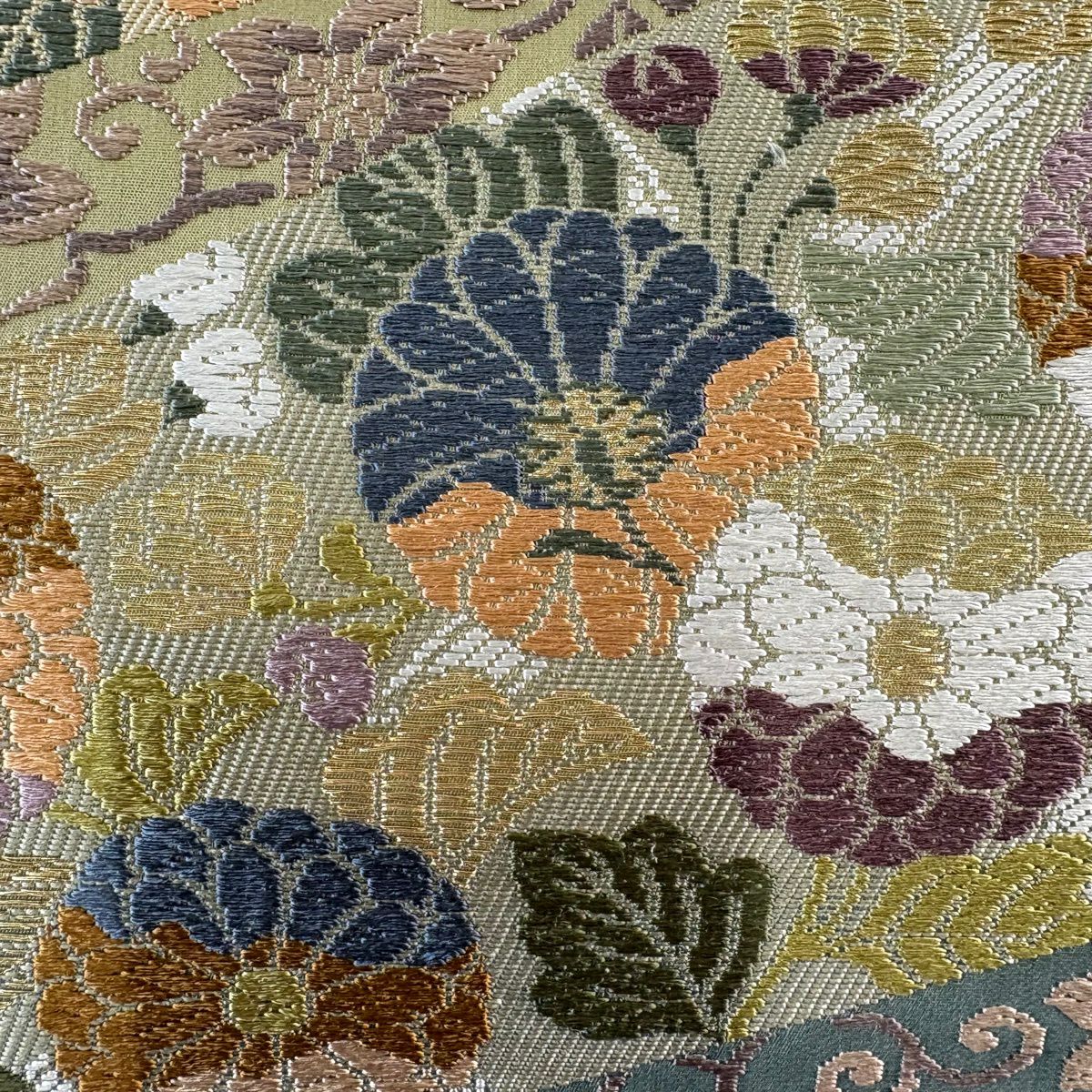 【美品】 袋帶 名品級 證書齊全 菊花花唐草紋 金絲 唐織 灰綠 六通 純蠶絲