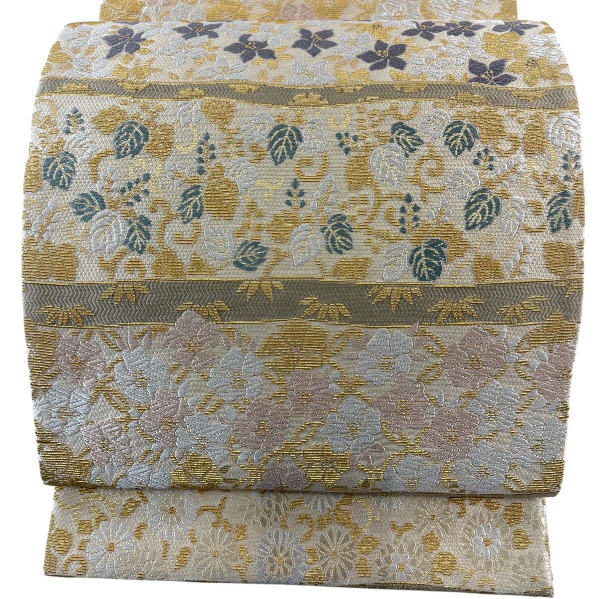 【美品】 袋帶 名品級 花唐草紋 段紋 金絲 唐織 米色 全通 純蠶絲