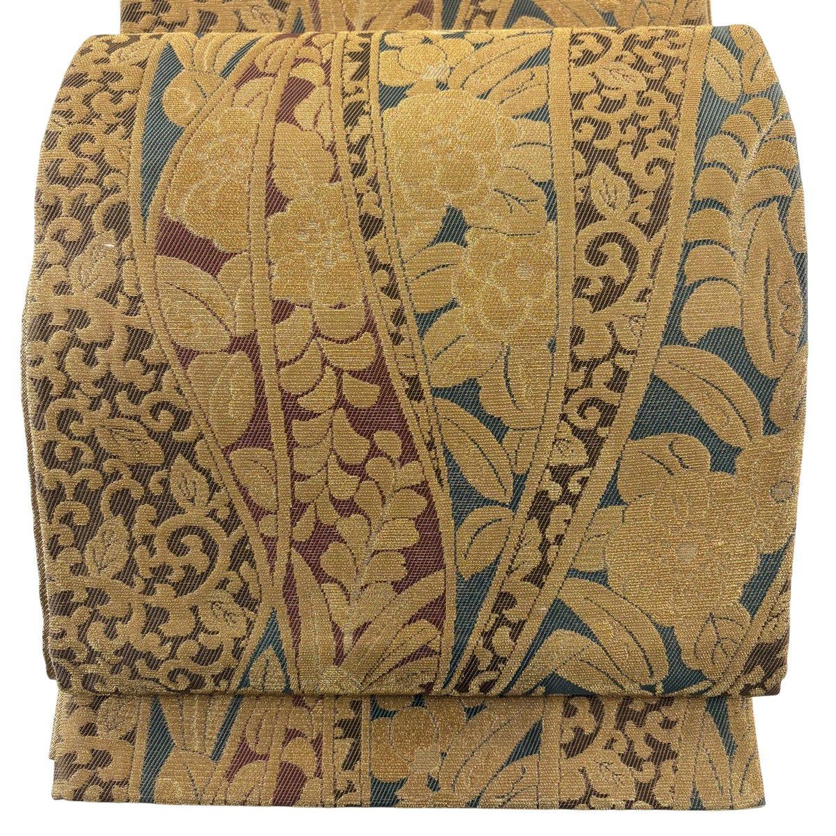 【美品】 袋帶 名品級 草花紋 花唐草紋 金絲 金金箔 黃土 深色 六通 純蠶絲