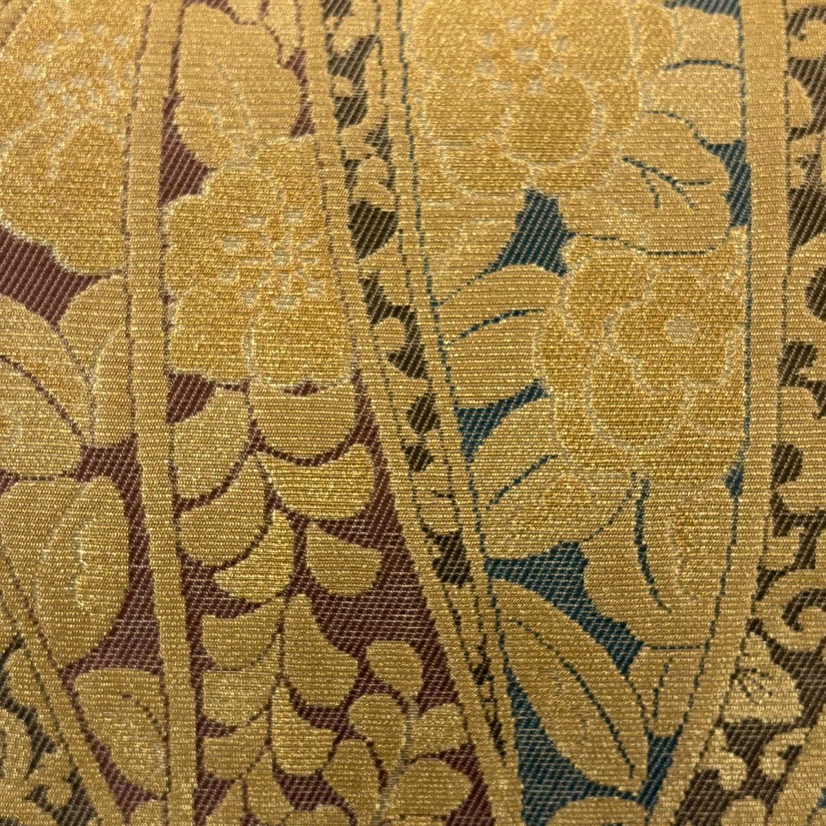 【美品】 袋帶 名品級 草花紋 花唐草紋 金絲 金金箔 黃土 深色 六通 純蠶絲