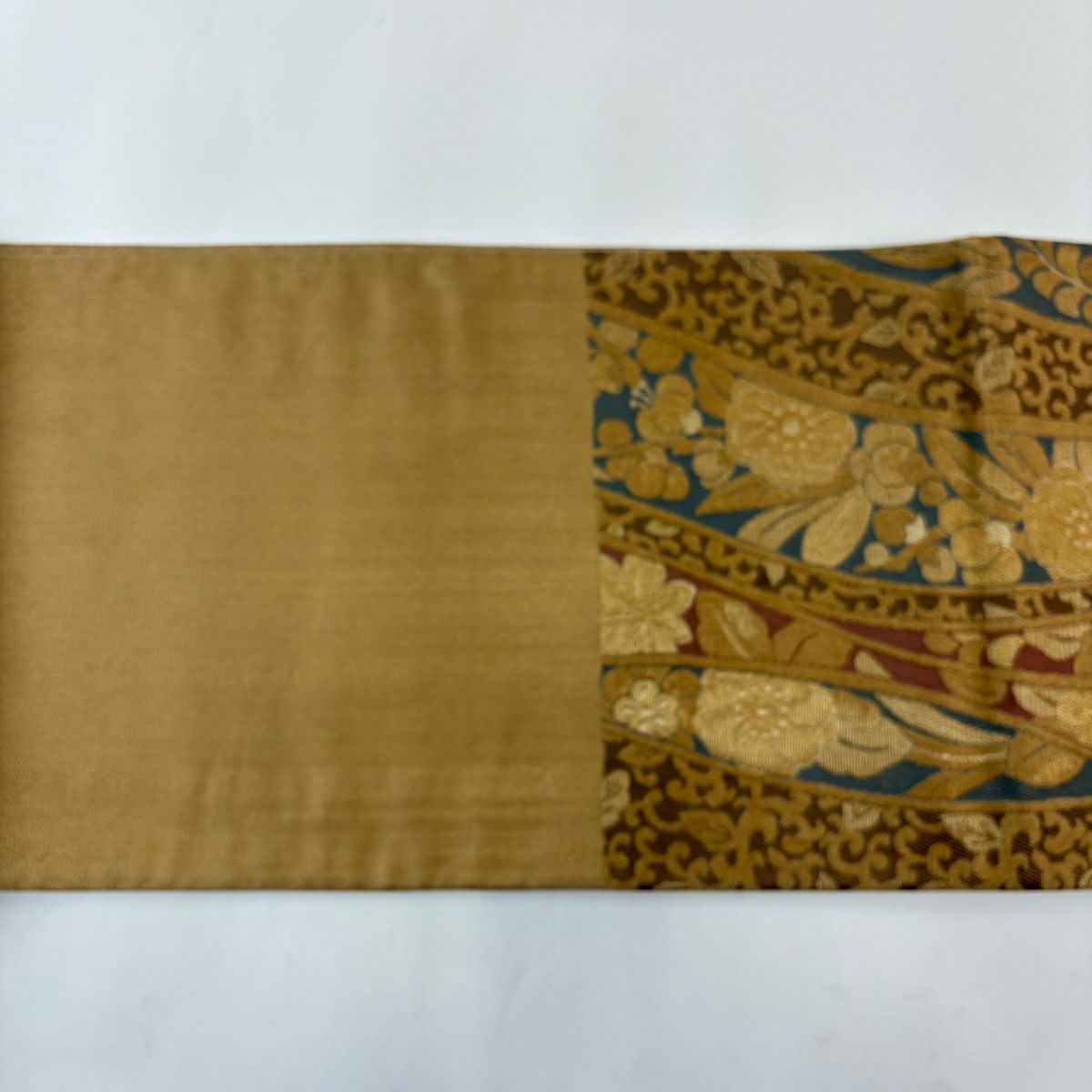 【美品】 袋帶 名品級 草花紋 花唐草紋 金絲 金金箔 黃土 深色 六通 純蠶絲