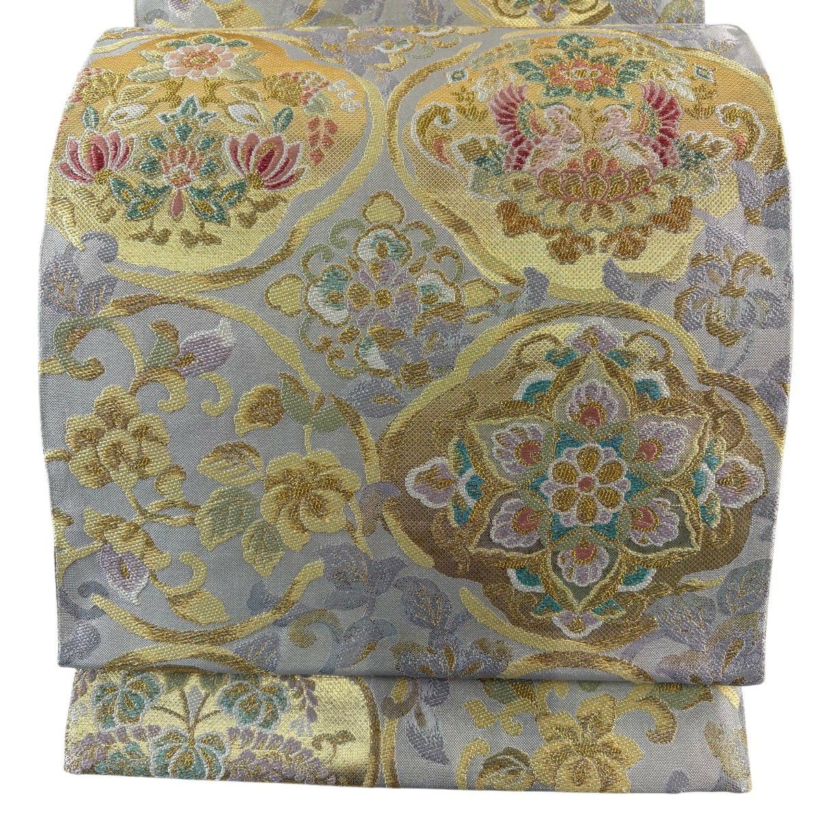 【美品】 袋帶 名品級 華紋 向鳥 金絲 金金箔 灰色 六通 純蠶絲