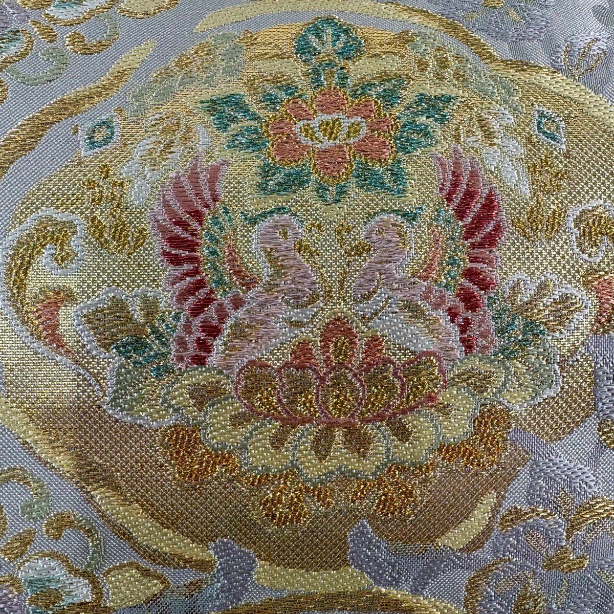 【美品】 袋帶 名品級 華紋 向鳥 金絲 金金箔 灰色 六通 純蠶絲