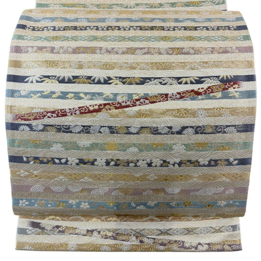 【美品】 袋帶 名品級 大和 松樹竹子梅花 波 金絲 金金箔 奶油 六通 純蠶絲