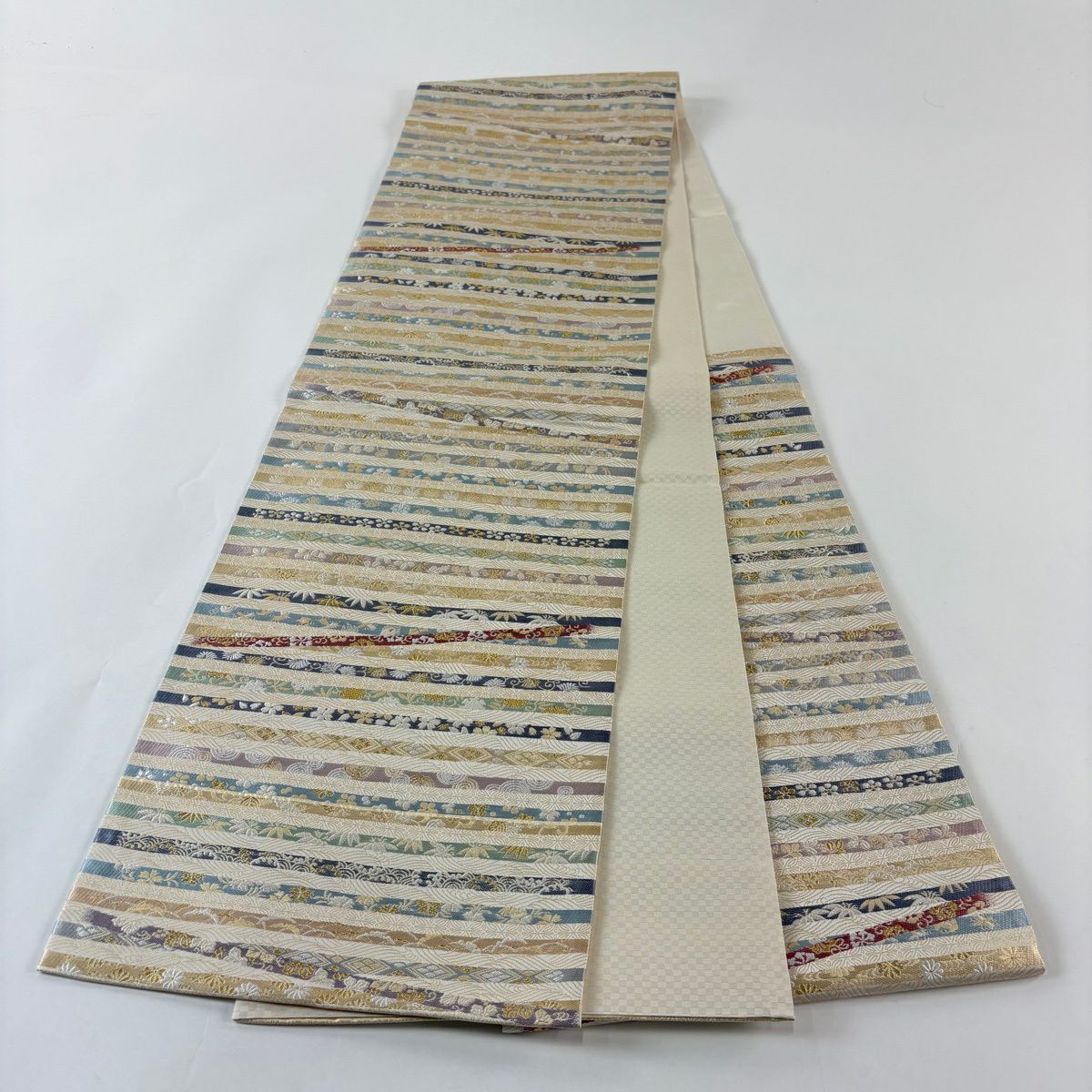 【美品】 袋帶 名品級 大和 松樹竹子梅花 波 金絲 金金箔 奶油 六通 純蠶絲