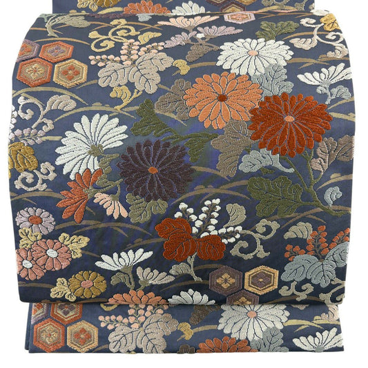 袋帶 名品級 菊花 龜甲 金絲 唐織 青灰 六通 純蠶絲