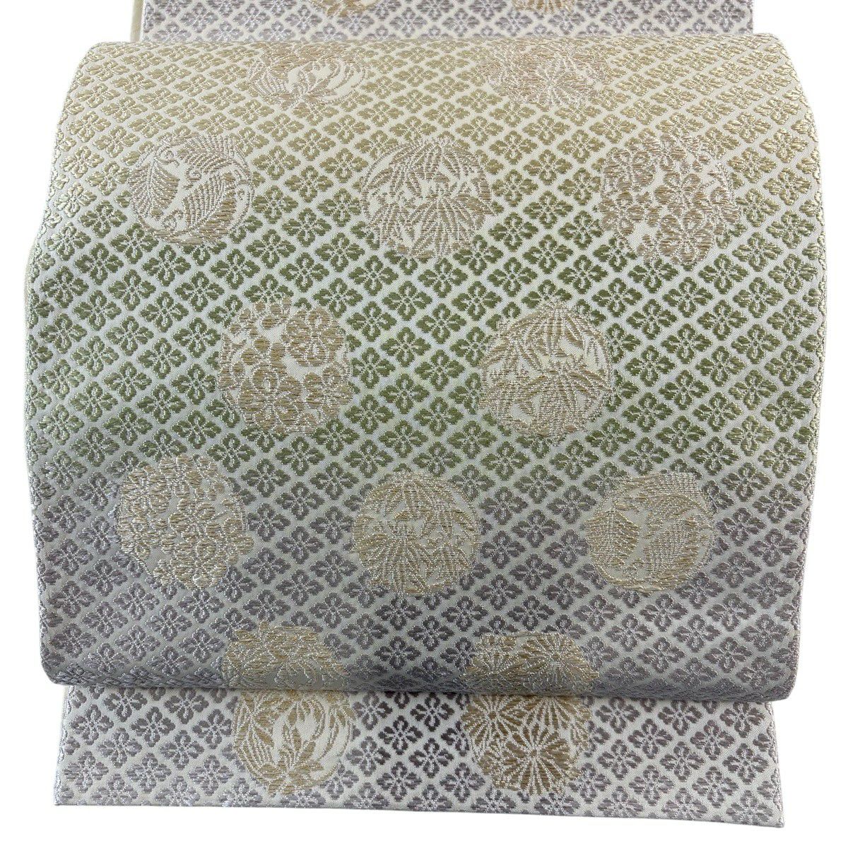 【美品】 袋帶 名品級 花丸紋 花菱 金絲 奶油色 六通 純蠶絲