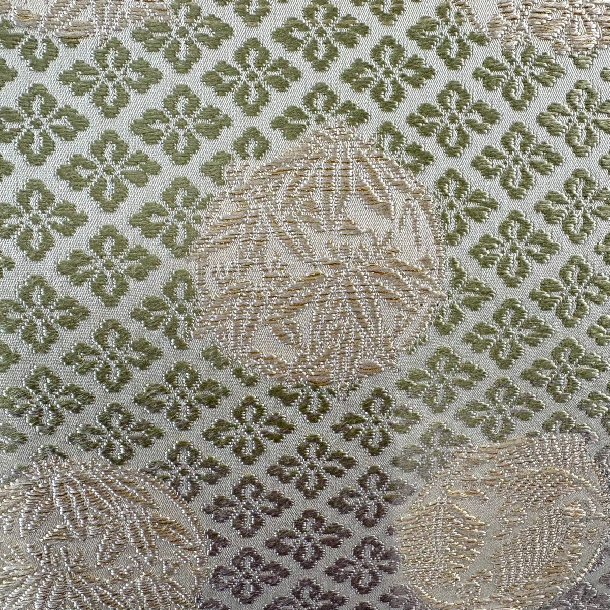 【美品】 袋帶 名品級 花丸紋 花菱 金絲 奶油色 六通 純蠶絲