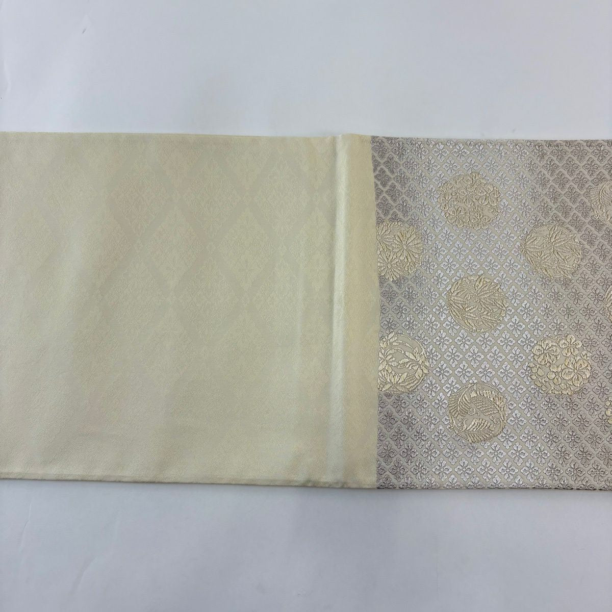 【美品】 袋帶 名品級 花丸紋 花菱 金絲 奶油色 六通 純蠶絲