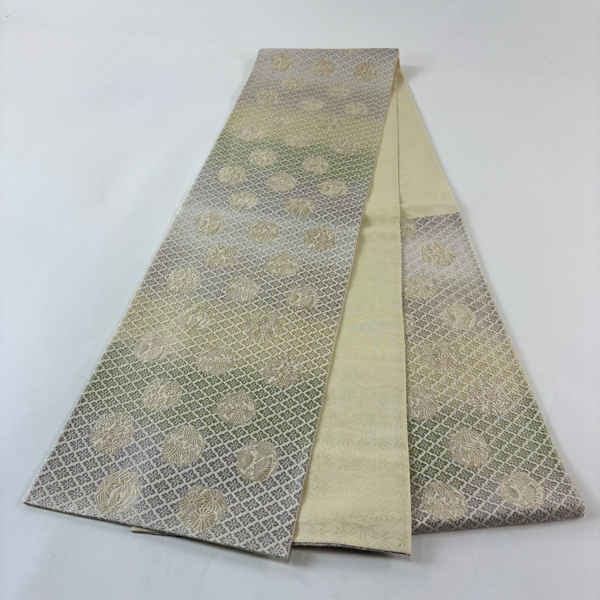 【美品】 袋帶 名品級 花丸紋 花菱 金絲 奶油色 六通 純蠶絲